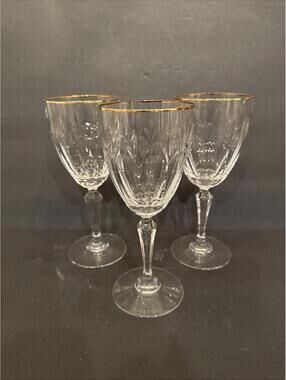(3) Gorham Crystal ROYAL DEVON Gold Rim Wine Goblet Glasses 8” Tall Beautiful